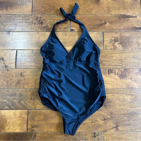 Motherhood Maternity One Piece Swimsuit Size Large Black Halter Ruched Summer - Picture 2 of 8